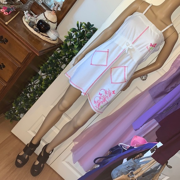 White Terry towel mini dress sundress with pockets S M - Picture 4 of 16